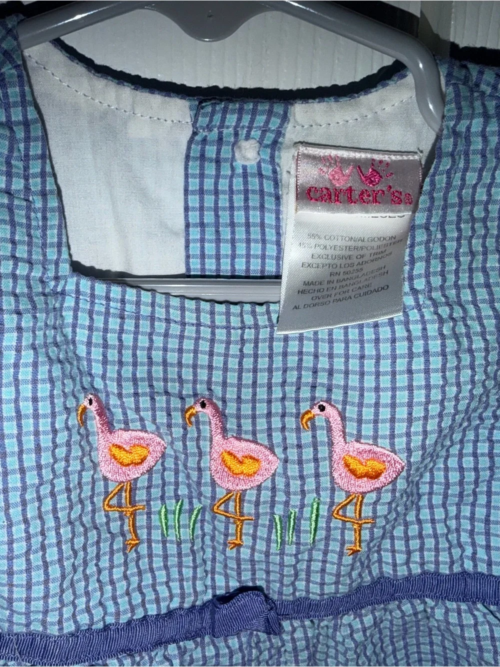 Blue Flamingo Seersucker Baby Romper